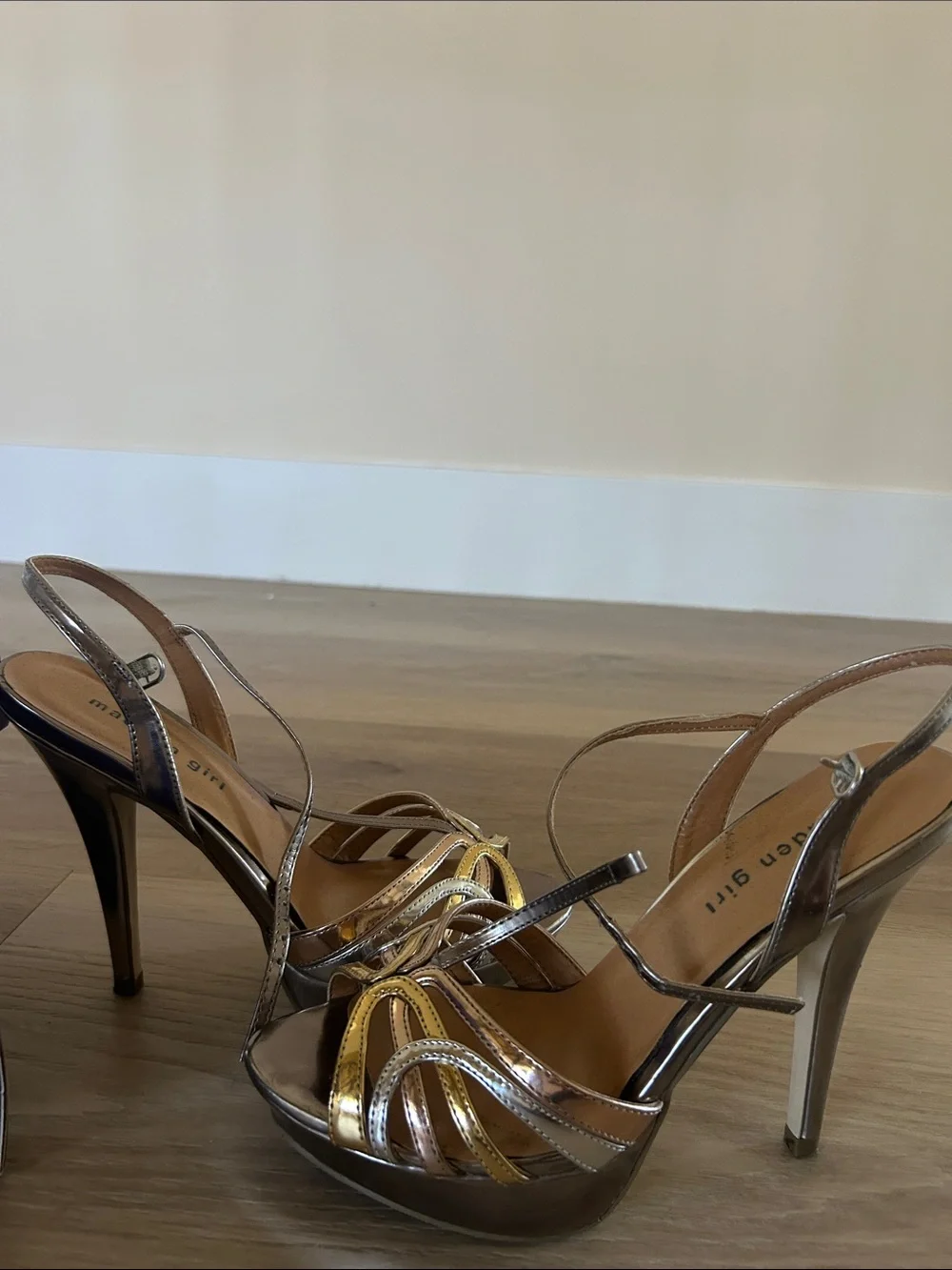 Madden Girl Metallic Gold and Silver Strappy High Heels - Picture 2 of 4